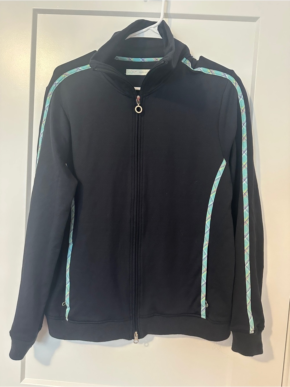 Greg Norman Collection Black Zip-Up Sweatshirt with Teal Plaid Trim Size Large